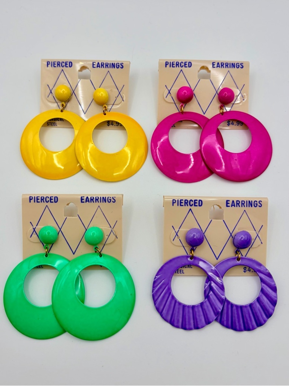Vintage 80s Deadstock Colorful Hoop Dangle Earrings Yellow Pink Purple Green